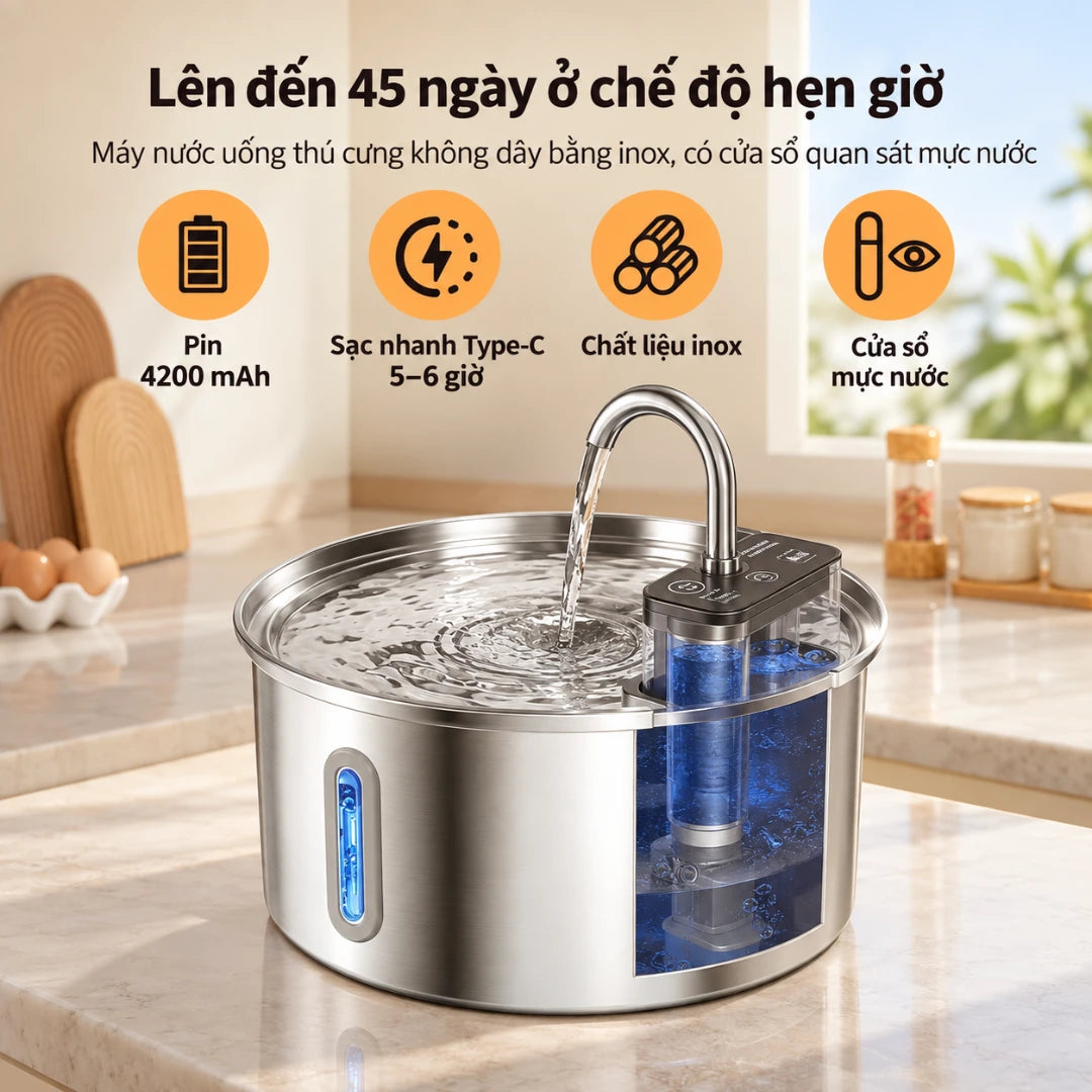 Petone PWL-012 Cordless Cat Water Fountain 3.2L - Stainless Steel, 4200mAh Battery - Xmart
