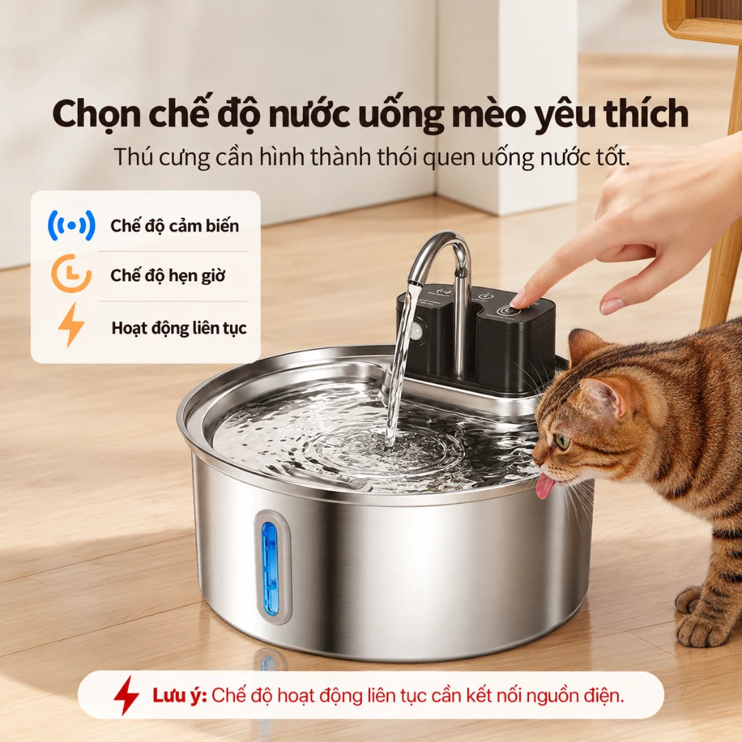Petone PWL-012 Cordless Cat Water Fountain 3.2L - Stainless Steel, 4200mAh Battery - Xmart