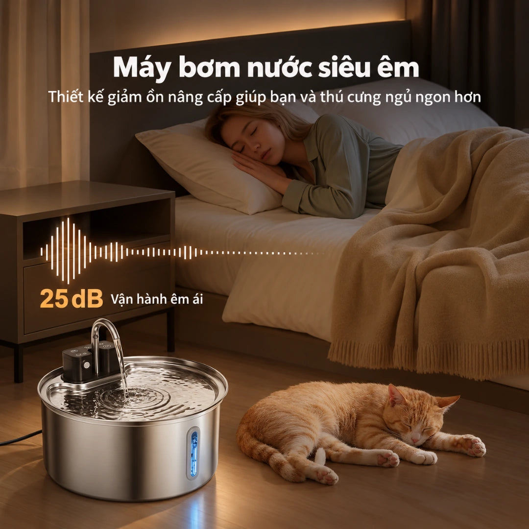 Petone PWL-012 Cordless Cat Water Fountain 3.2L - Stainless Steel, 4200mAh Battery - Xmart